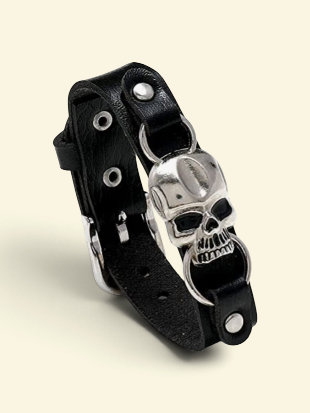 Black Leather Skull Bracelet - Unisex Accessory
